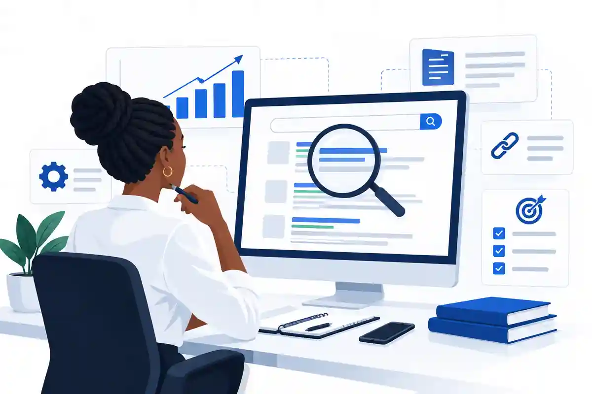 Consultante analysant les résultats de recherche et les données SEO